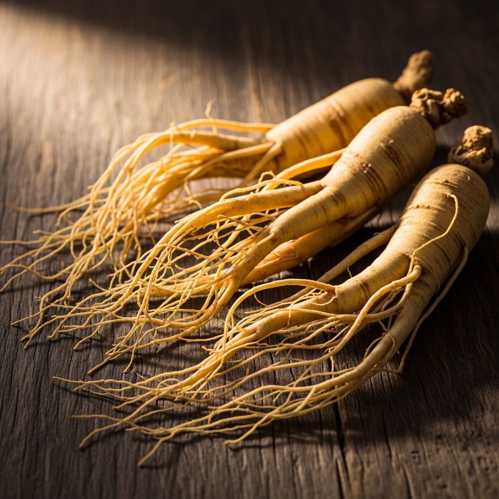 Fresh ginseng roots with intricate branching structure resting on aged wooden surface, deep shadows accentuating the gnarled organic shapes, warm golden light from the side
