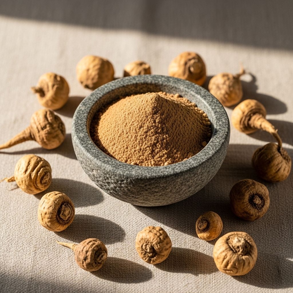Maca root powder in a rustic stone bowl surrounded by whole dried maca root pieces on natural linen cloth, diffused natural daylight creating soft shadows on the organic shapes
