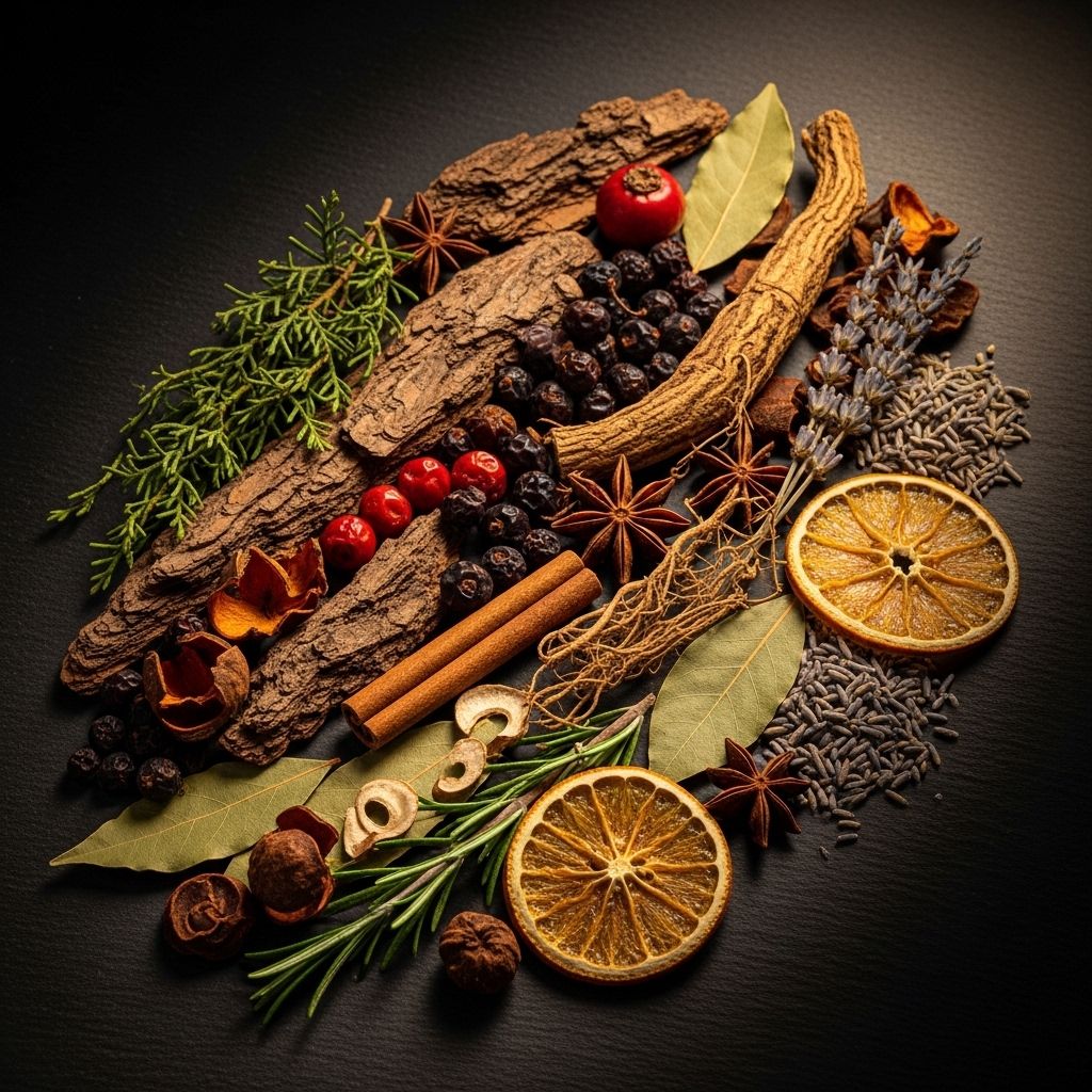 Collection of dried botanical herbs and roots including woody bark pieces, dried berries and aromatic plant materials arranged on a dark slate surface, warm directed side lighting creating dramatic texture contrasts