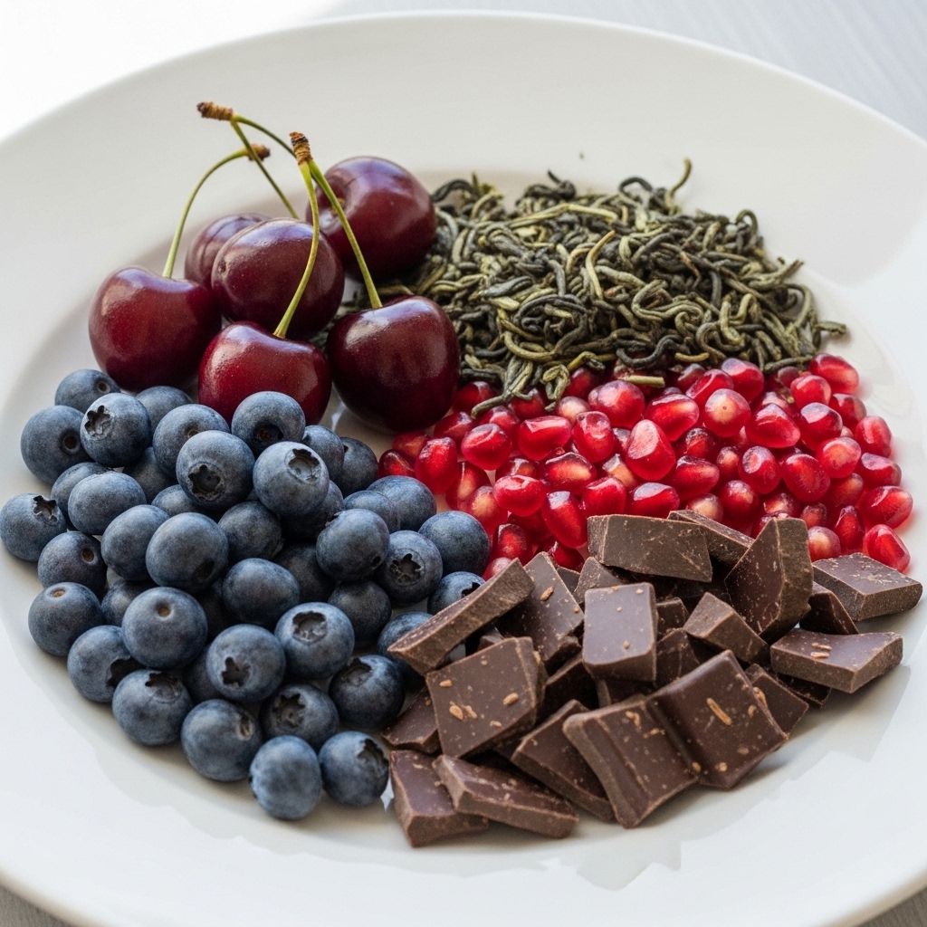 Vibrant assortment of antioxidant-rich foods — fresh blueberries, dark cherries, pomegranate seeds, green tea leaves and dark chocolate pieces arranged on a white ceramic plate with soft natural daylight
