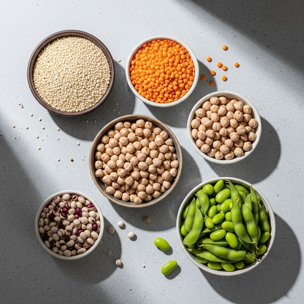Clean flat lay of quinoa grains, lentils, chickpeas and edamame beans in small ceramic dishes on a light grey concrete surface, soft overhead natural light creating delicate shadows showing the texture and varied earthy tones of the legumes