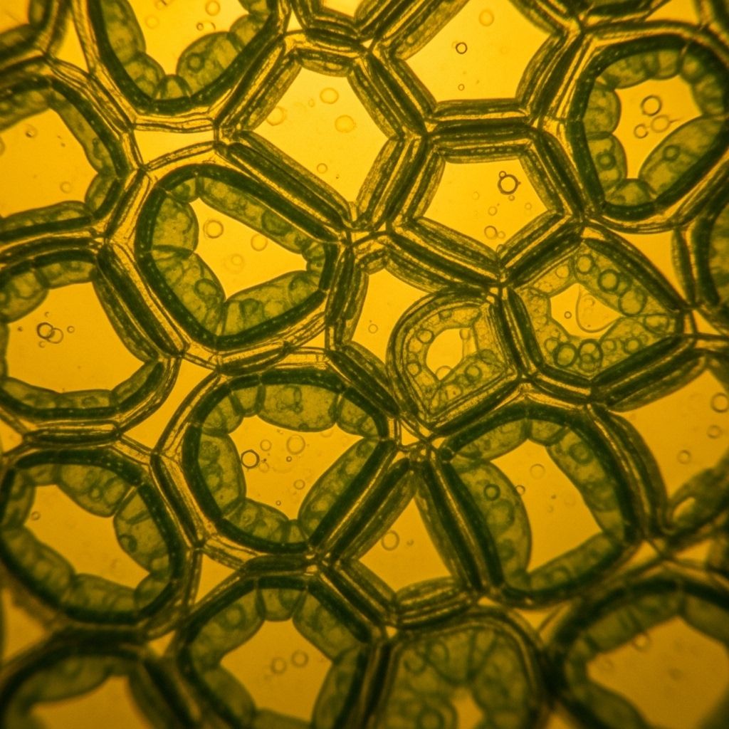 Close-up of vibrant green plant cells under natural magnification, with sunlight illuminating complex organic textures and layered botanical structures in warm amber tones